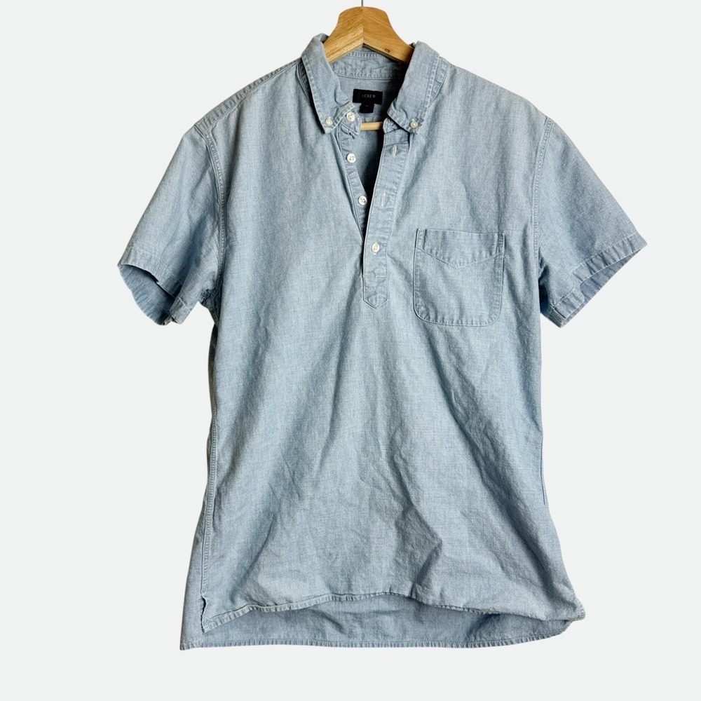 J Crew Women M Blue Denim Chambray 1/4 Button Blouse Short Sleeve Tunic Casual